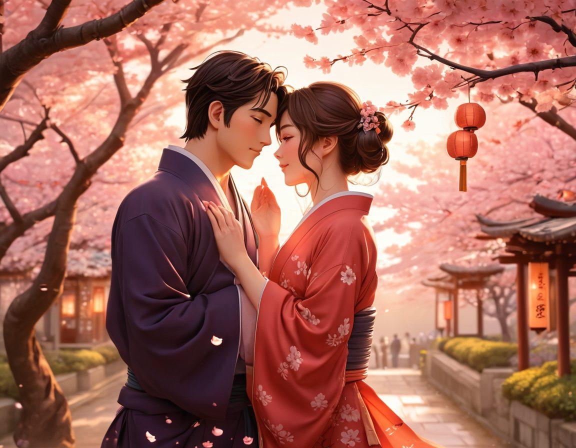 A beautifully illustrated scene depicting a couple sharing an intimate moment, surrounded by manga and anime elements such as stylized speech bubbles and romantic backgrounds. The characters should exude sensuality with expressive poses and vibrant emotions, while the atmosphere radiates warmth and passion. Include subtle hints of traditional Japanese aesthetics, like cherry blossoms or lanterns, to enhance the cultural context. Art style should be akin to high-quality anime. vibrant colors. dreamy background.